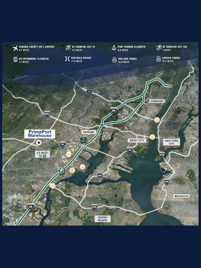 Map showing PrimePort Warehouse in Irvington NJ and its distance to Port Newark–Elizabeth, Newark Liberty Airport, the NJ Turnpike and the Hudson River crossings