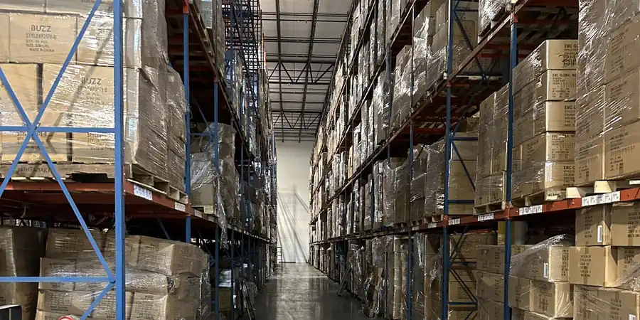 Racked pallet storage inside the PrimePort warehouse